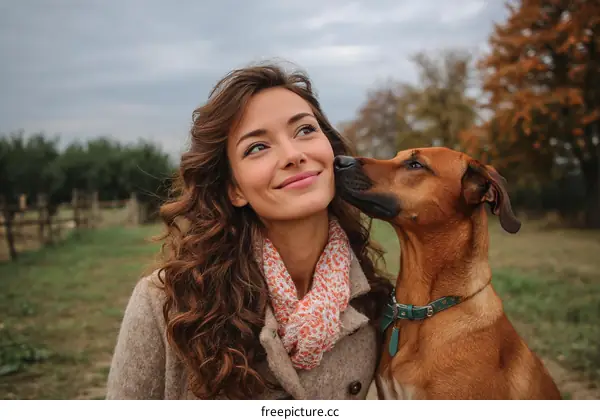 Woman and Dog Outdoors in Autumn