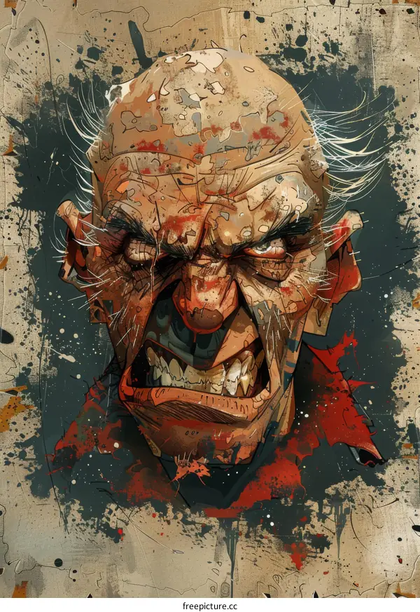 Angry Cartoon Man with Wrinkled Face