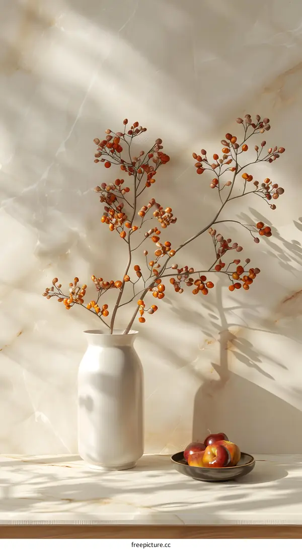 White Vase with Red Berries and Apples in Sunlight