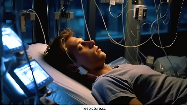 A comatose patient lies in a hospital bed.