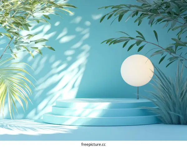 Light Blue Minimalist Product Display with Tropical Plants