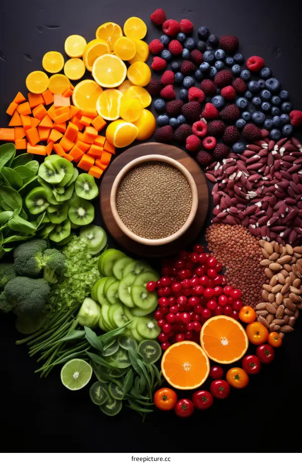 A variety of fruits and vegetables are arranged in a circle around a bowl of quinoa.