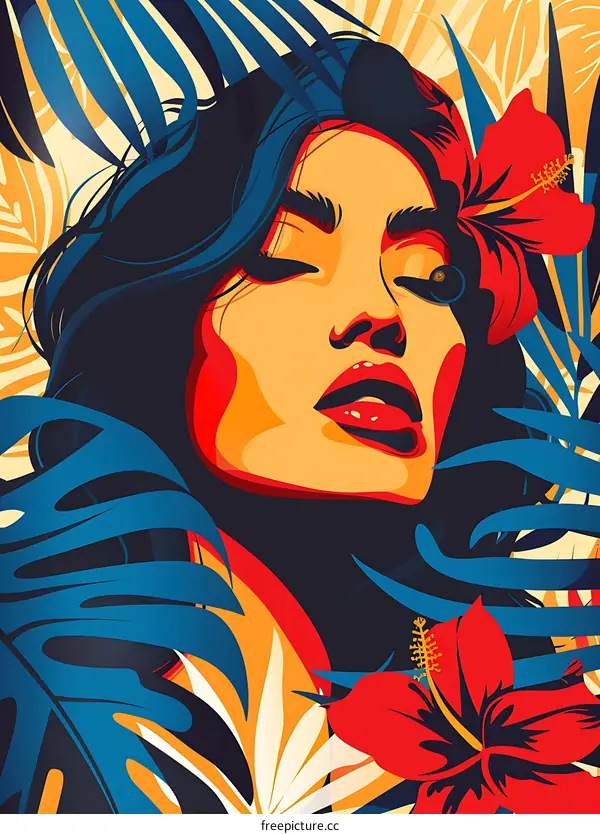 Woman with Tropical Flowers Illustration