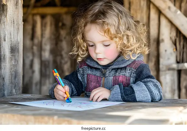 Little Girl Drawing with Crayons