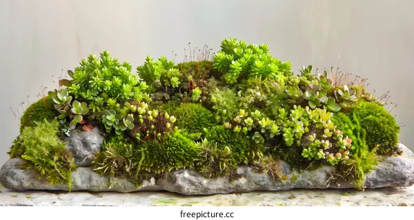 Green Moss and Succulents on Stone