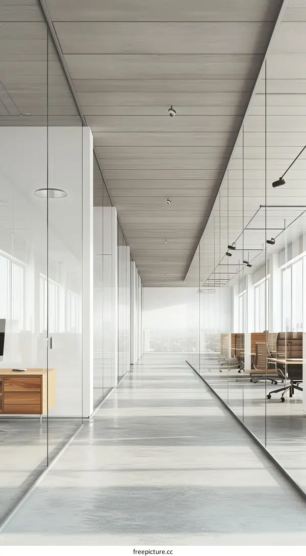 Office Interior With Glass Walls And Wooden Furniture 3D Rendering