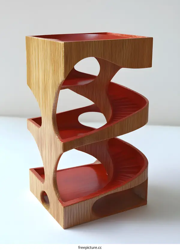Abstract Wooden Sculpture With Red And Natural Wood Finish