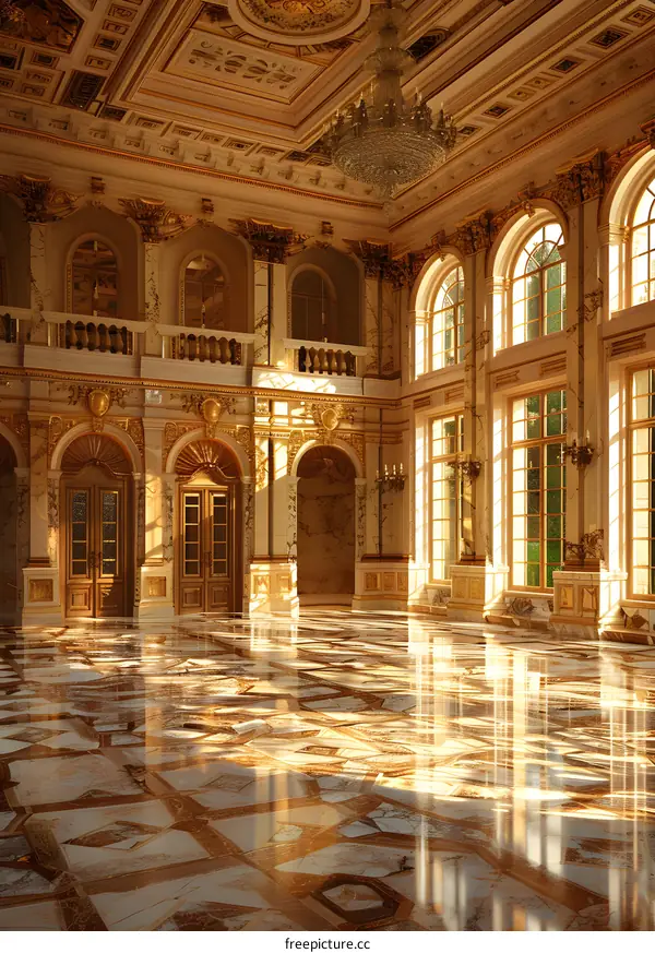 ornate ballroom with shiny marble floor and crystal chandelier