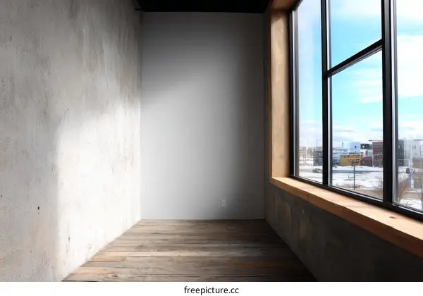 Empty room with large window and wooden floor