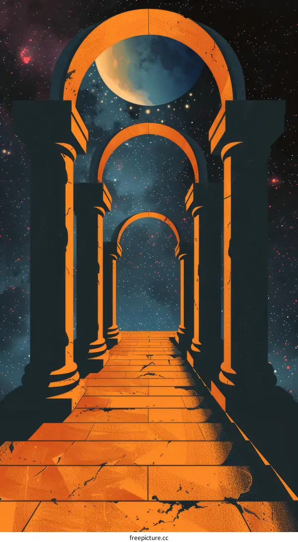 Celestial Hallway - A Long Corridor with Arches and a Starry Night Sky