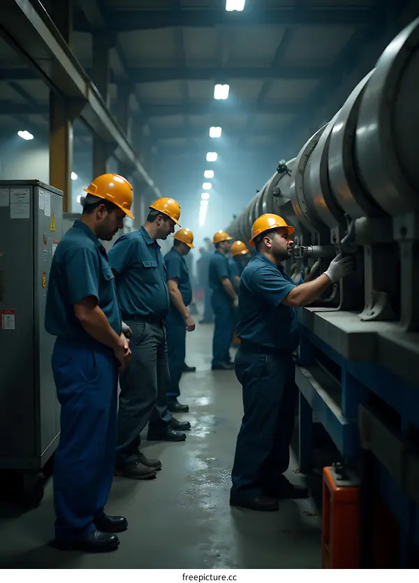 Industrial Workers in Factory Working on Large Machinery