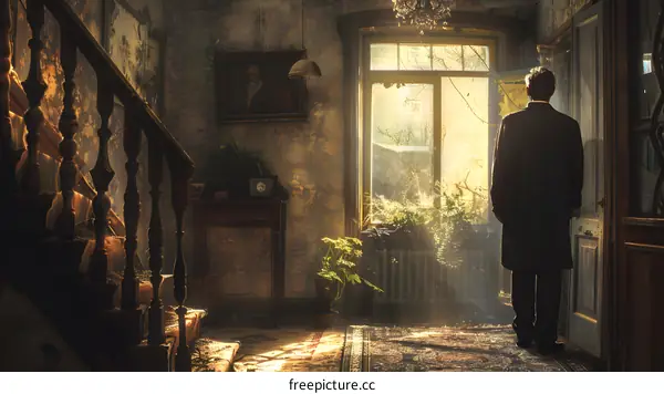 Man looking out the window in an abandoned house
