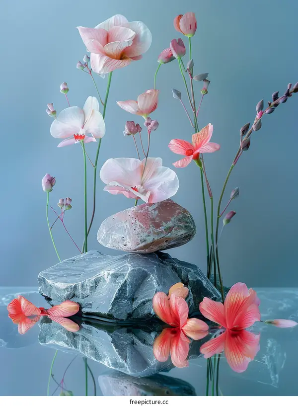 Pink and White Flowers on a Rock with Rippling Water Reflection
