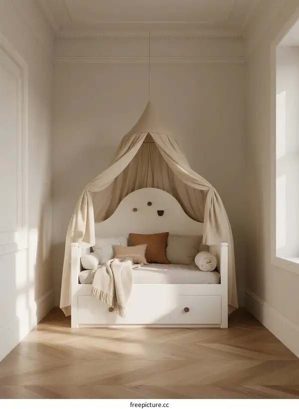 A cozy white canopy bed with soft pillows in a bright room