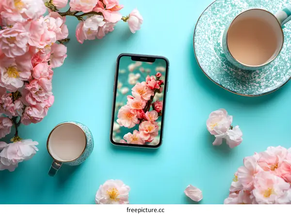 Pink Flowers on a Smartphone Screen with Teacups on a Blue Background