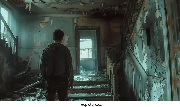 Man standing in a room with a broken wall