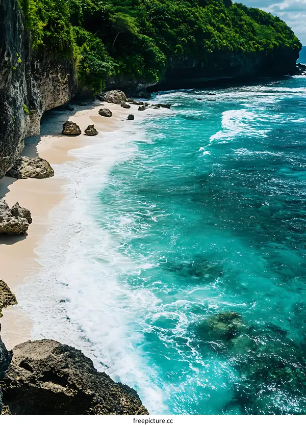 Aerial View of Ocean Waves Crashing on Sandy Beach with Cliffs and Lush Green Vegetation