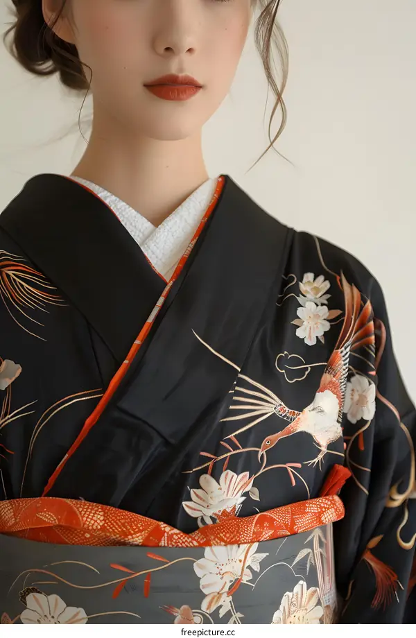 Close up of a woman wearing a black kimono with red and gold embroidery