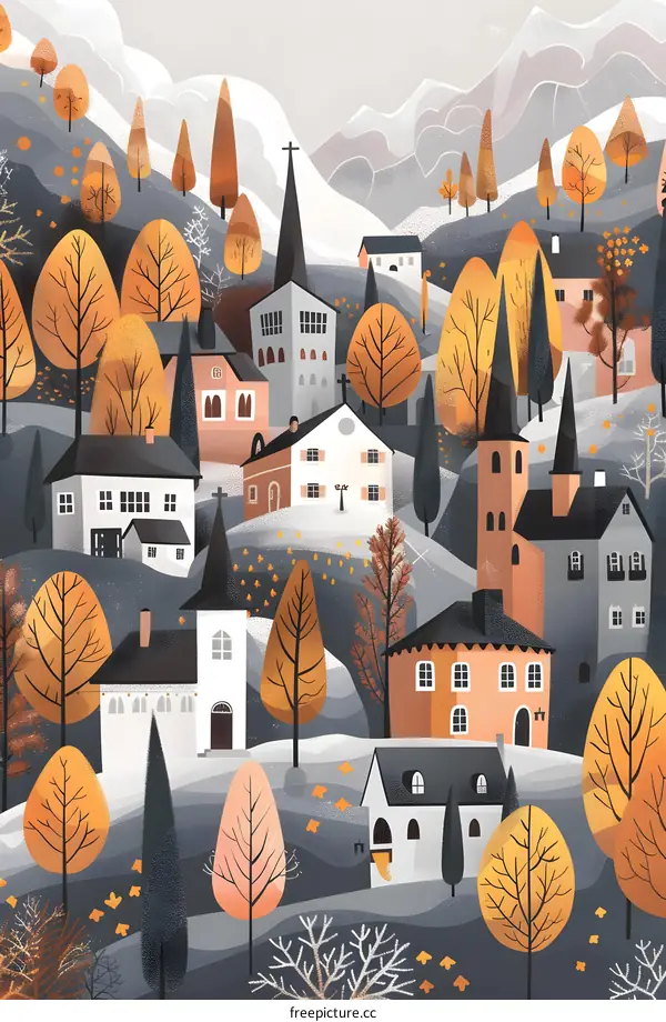 Autumn Village Illustration with Colorful Houses and Trees
