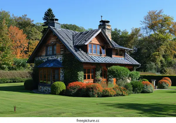 Stone Cottage with Slate Roof and Flower Garden