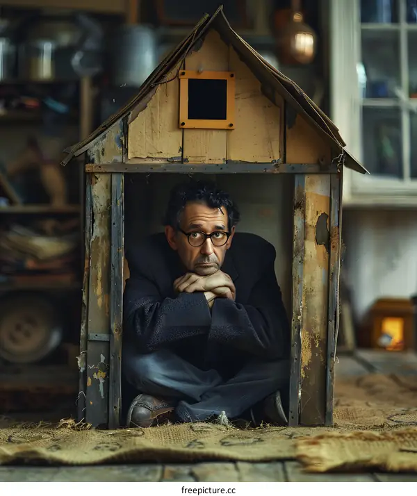 A man sits inside a wooden playhouse with his knees drawn up to his chest and his chin resting on his crossed arms.
