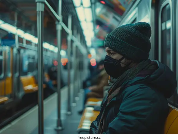 A man wearing a mask is sitting on a subway train.