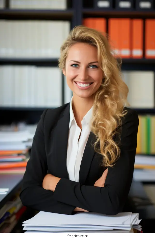 Portrait of a smiling young businesswoman standing in a library with her arms crossed.