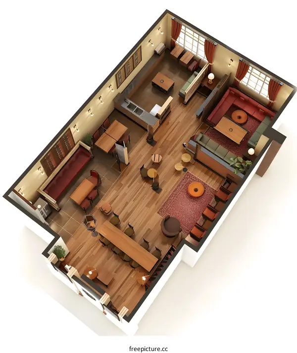 Top View 3D Illustration of a Modern Restaurant Interior Design