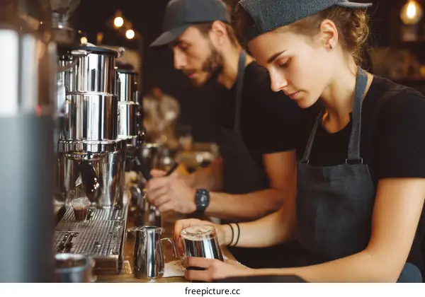 Two Baristas Preparing Coffee Drinks in a Cafe