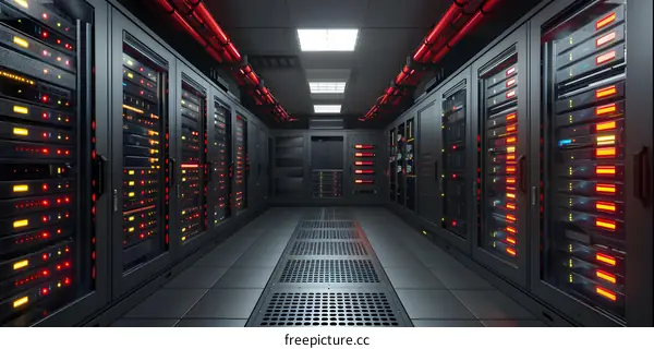 Server room with rows of server racks containing multiple server blades