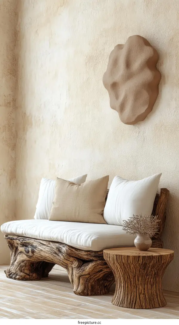 Rustic Wooden Sofa and Side Table in a Beige Room