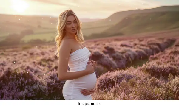Pregnant woman standing in a field of purple flowers