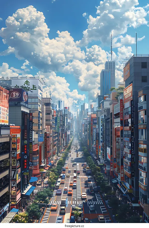 A long street with tall buildings on both sides