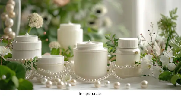 Luxury Cosmetic Products with Pearls and Flowers