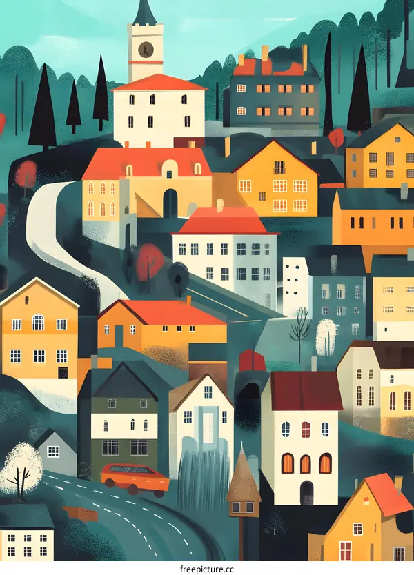 Colorful Illustration of a European Village