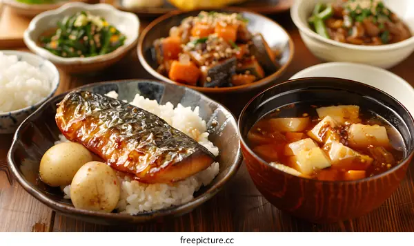 A delicious Japanese meal with rice, fish, soup, and vegetables