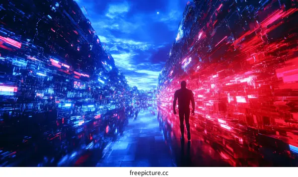Futuristic Corridor with Neon Light and Silhouette