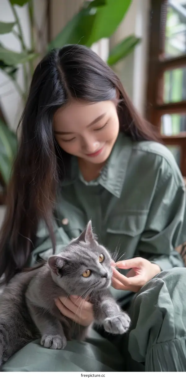 A young woman is petting a gray cat