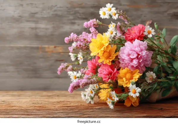 Colorful Flower Bouquet on Wooden Surface