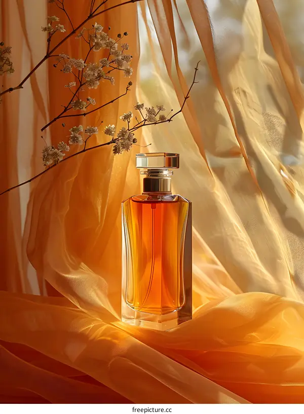 Elegant Perfume Bottle on Orange Fabric With Flowers