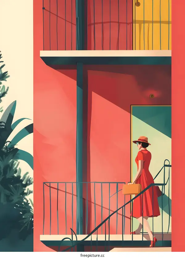 Woman in Red Dress Walking Down Stairs of an Apartment Building