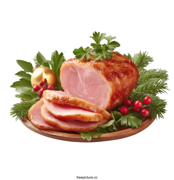 [Transparent Background PNG]Sliced Roasted Christmas Ham on Wooden Plate