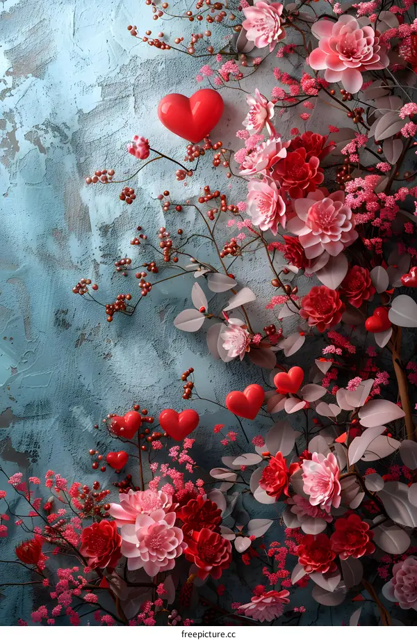 Pink and red flowers with red heart-shaped ornaments on a blue background