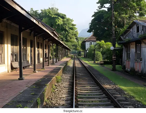Old abandoned train station with overgrown plants