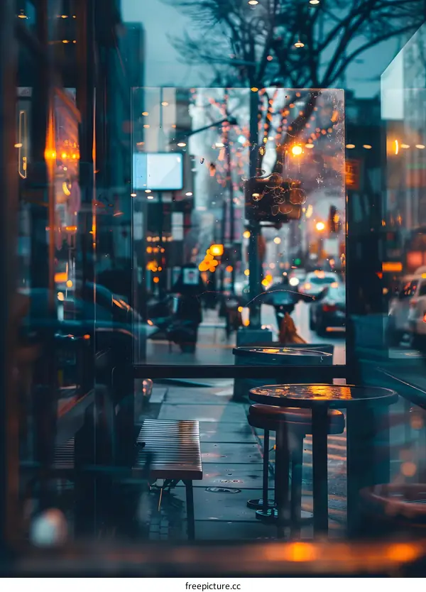 Empty Cafe Table with City Reflection