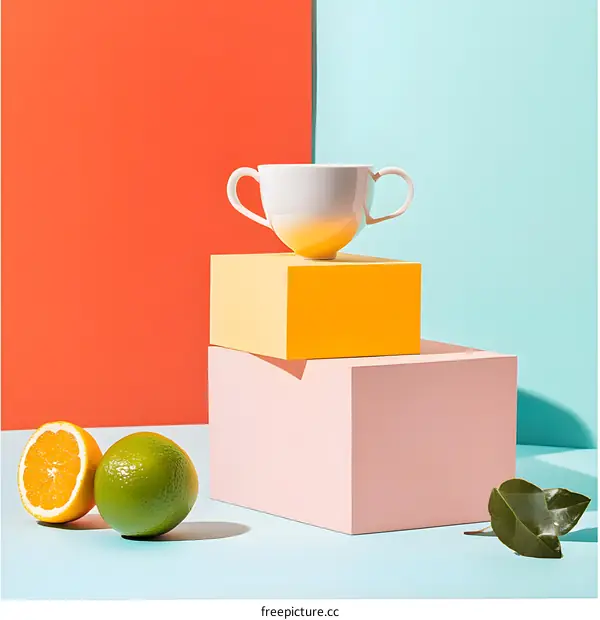 White Cup on Stacked Colorful Boxes with Oranges and Leaf