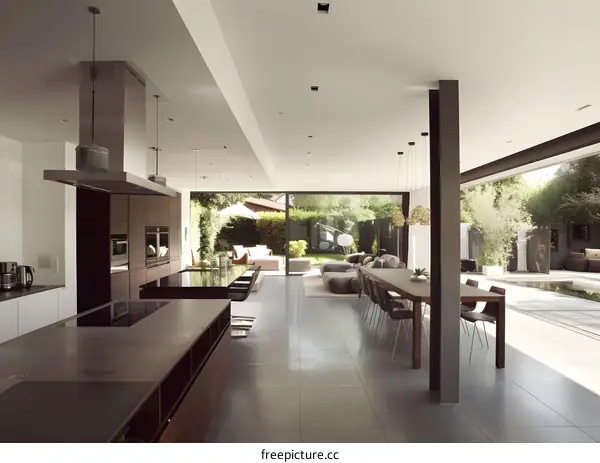 Modern Kitchen and Dining Room with Large Windows and Garden View