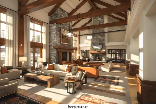 Spacious Modern Living Room With Stone Fireplace