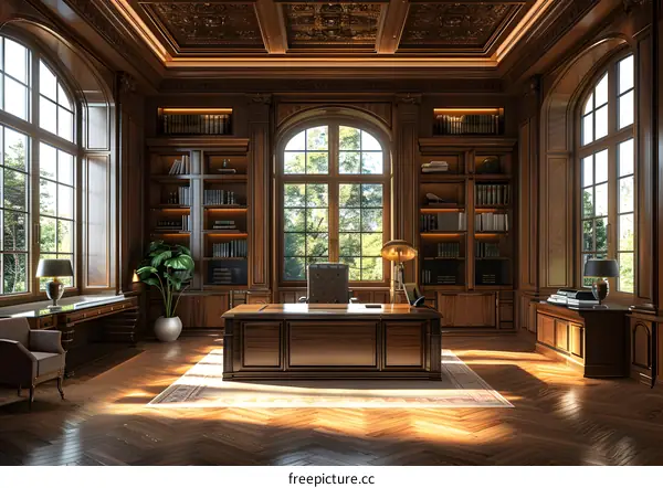 Luxurious wooden home office library with large windows