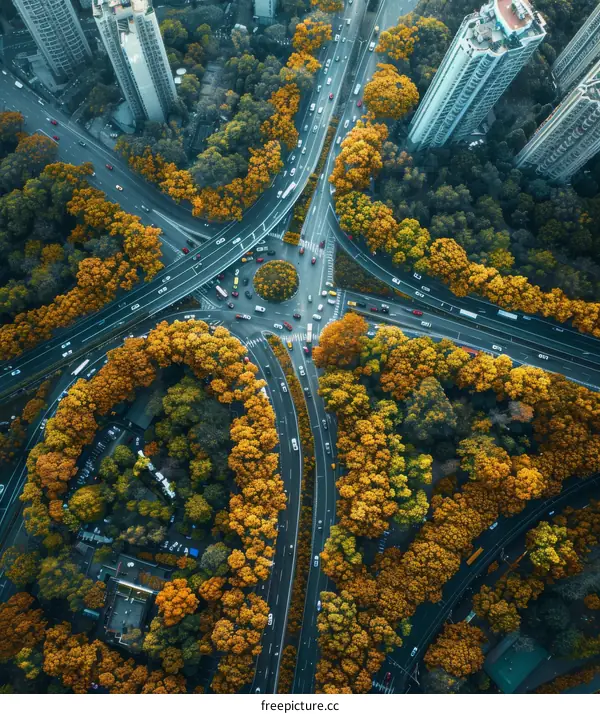 Aerial View of Urban Road Interchange in Autumn